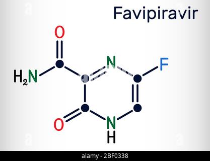 Favipiravir, molecola C5H4FN3O2. È un farmaco antivirale, ha attività contro virus RNA, influenza aviaria, virus Ebola, virus Lassa, COVID-19. St Illustrazione Vettoriale