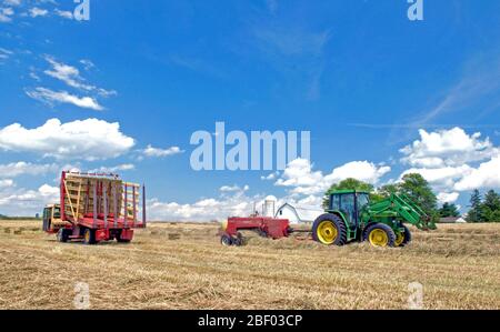2008 - la pressatura e la raccolta di balle di fieno in una fattoria a gestione familiare con una John Deere trattore 6400, un caso SBX 240 imballatrice e New Holland 1069 carro della balla Foto Stock