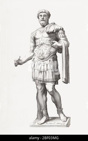Statua dell'imperatore romano Marco Aurelio, 121 - 180 d.C. Da un'incisione di Cornelis Bloemaert, dopo Francois Perrier Foto Stock