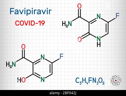 Favipiravir, molecola C5H4FN3O2. È un farmaco antivirale, ha attività contro virus RNA, influenza aviaria, virus Ebola, virus Lassa, COVID-19. SH Illustrazione Vettoriale