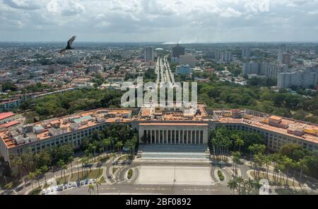 Vista aerea dalla cima della torre commemorativa di José Martí che si affaccia a sud sul Palacio de la Revolución con un avvoltoio tacchino che circonda il monumento, Pla Foto Stock