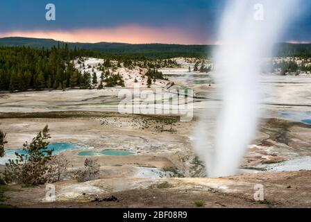 Sorgenti calde fumanti durante il tramonto sul bacino del Norris Geyser del Parco Nazionale di Yellowstone Foto Stock