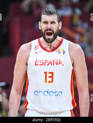 Marc Gasol (Spagna) celebra la vittoria in semifinale contro Australia. Pallacanestro FIBA World Cup Cina 2019 Foto Stock