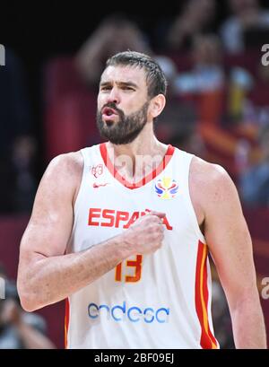 Marc Gasol (Spagna) celebra la vittoria in semifinale contro Australia. Pallacanestro FIBA World Cup Cina 2019 Foto Stock