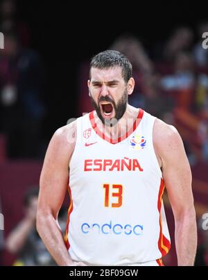 Marc Gasol (Spagna) celebra la vittoria in semifinale contro Australia. Pallacanestro FIBA World Cup Cina 2019 Foto Stock