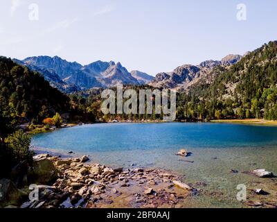 Un torrente tra le montagne dei Pirenei attraversa una foresta lungo il fiume. Foto Stock