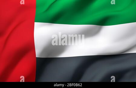 Bandiera degli Emirati Arabi Uniti che soffia nel vento. Bandiera di volo Emirates a pagina intera. Illustrazione 3D. Foto Stock