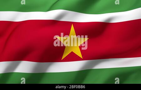 Bandiera del Suriname che soffia nel vento. Pagina intera bandiera di volo Suriname. Illustrazione 3D. Foto Stock
