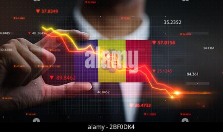 Grafico che cade di fronte alla bandiera di Andorra. Concetto di crisi Foto Stock