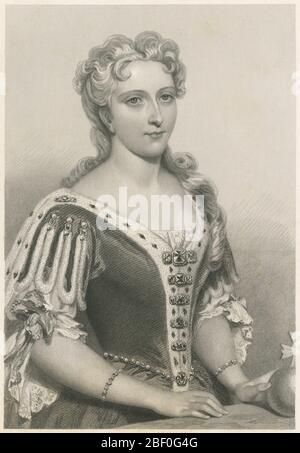 Incisione antica, Caroline di Ansbach. Caroline di Brandeburgo-Ansbach (1683-1737) fu regina consorte di Gran Bretagna come moglie di re Giorgio II FONTE: INCISIONE ORIGINALE Foto Stock