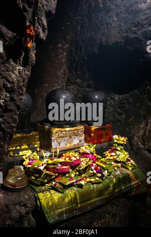 Vista verticale del santuario all'interno della grotta degli elefanti a Bali, Indonesia. Foto Stock