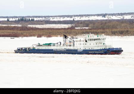 Aprile 2020 - Tsenovets. Il lavoro di rompighiaccio durante la deriva del ghiaccio. Alluvione di primavera in Russia. Russia, regione di Arkhangelsk Foto Stock