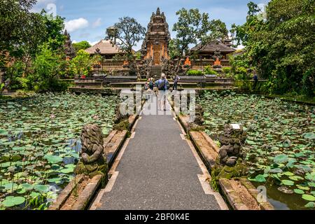 Vista orizzontale del Palazzo sull'acqua di Ubud, noto anche come Palazzo Saraswati a Bali, Indonesia. Foto Stock