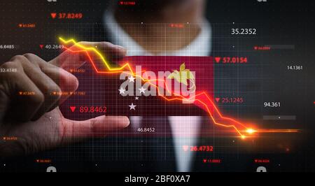 Grafico che cade di fronte alla bandiera Papua Nuova Guinea. Concetto di crisi Foto Stock