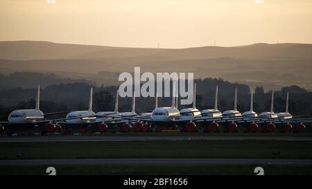 Glasgow, Regno Unito. 16 Apr 2020. Nella foto: Una collezione di quattordici aerei British Airways (aerei Airbus di breve e media portata) che vanno dagli A319, A320 e A321, che si trovano sul telone dell'aeroporto internazionale di Glasgow. L'industria aeronautica mondiale sta vivendo una crisi senza precedenti nel commercio con la maggior parte delle compagnie aeree che licenziano una quantità elevata di personale a causa delle pressioni finanziarie enormi causate dall'attuale Pandemic di Coronavirus (COVID-19). Credit: Colin Fisher/Alamy Live News Foto Stock