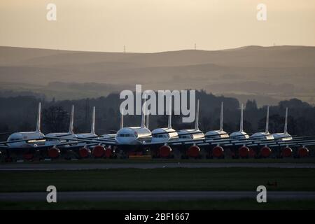 Glasgow, Regno Unito. 16 Apr 2020. Nella foto: Una collezione di quattordici aerei British Airways (aerei Airbus di breve e media portata) che vanno dagli A319, A320 e A321, che si trovano sul telone dell'aeroporto internazionale di Glasgow. L'industria aeronautica mondiale sta vivendo una crisi senza precedenti nel commercio con la maggior parte delle compagnie aeree che licenziano una quantità elevata di personale a causa delle pressioni finanziarie enormi causate dall'attuale Pandemic di Coronavirus (COVID-19). Credit: Colin Fisher/Alamy Live News Foto Stock