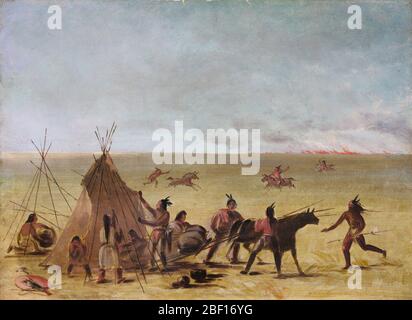 La famiglia indiana allarmato all'avvicinarsi di un fuoco di Prairie. "Le praterie che bruciano formano alcune delle scene più belle che si possono vedere in questo paese, e anche alcune delle più sublime. Foto Stock