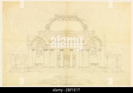 Front Elevation propone il Museo della Biblioteca per J Pierpont Morgan Esq New York. Vista della facciata del padiglione. Esterno con portico semicircolare a gradini e nicchie incassate piene di sculture su entrambi i lati della porta centrale. Sopra la porta, finestra con sopracciglia e balaustra, cupola bassa decorata con motivo balaustra sulla parte superiore. Foto Stock