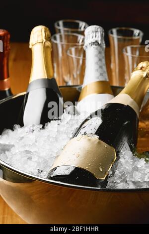 Bottiglie di champagne in ghiaccio. Concetto di winemaking, spazio di copia. Foto Stock