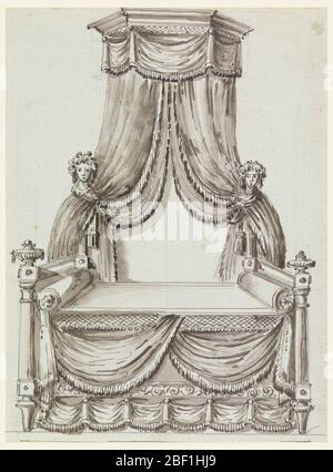 Piastra originale Cahier VIII 1. Vista laterale del letto con baldacchino e drappeggio a parete decorato con busti femminili. Foto Stock