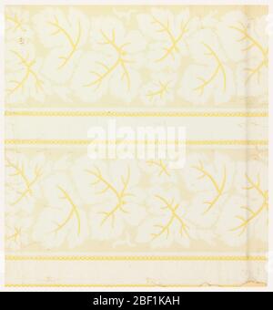 Parete laterale e bordo. Rettangolo verticale. Pannelli verticali doppi contenenti foglie di dentato di colore bianco, con venature dorate gialle e smerlate. Stampato a colori e smaltato. Foto Stock
