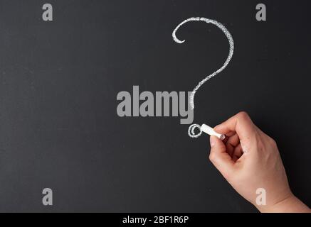 mano digitata con gesso bianco un punto interrogativo su una lavagna nera, spazio per la copia Foto Stock