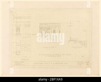 Modifiche al 14 15 16 Washington Square North schizzo n. 24. Il disegno mostra diversi disegni, per le modifiche di due edifici, tra cui un portico, balcone, recinto di ferro, e 2 ° piano finestra, e 1 ° piano architravi. Ci sono misure dappertutto. Foto Stock