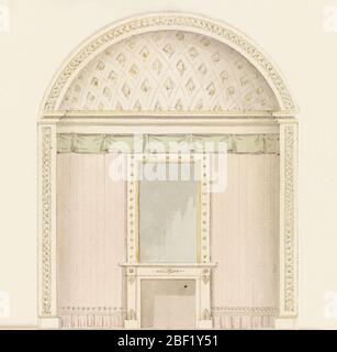 Elevazione parete con camino. Rettangolo verticale. Elevazione parete con camino centrale, specchio sopra, grembiale e soffitto a cupola. Foto Stock