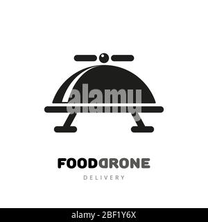 Drone velivolo per la consegna di cibo, logo design modello su uno sfondo bianco. Oggetto drone ISOL. Illustrazione Vettoriale