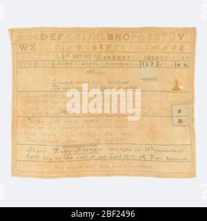 Campionatore. 'otto./ le lettere sono state progettate per istruire e benedire l'umanità/ scolari di Seize cogliere l'ora attuale di fuga/ migliorare il momento di passaggio come vola/ la gioventù sarà presto l'uomo passato è un fiore/ la cui fioritura presto si affievolisce a quanto presto muore./ virtù e verità wh Foto Stock