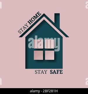 Segno vettoriale, simbolo, illustrazione con casa e frase rimanere a casa, stare al sicuro. Consapevolezza del coronavirus, prevenzione. Illustrazione Vettoriale