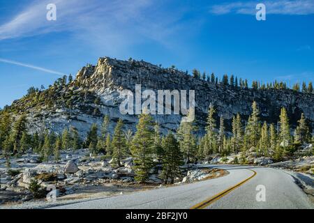 Strada vuota che attraversa il paesaggio montano della Sierra Nevada con in giornata di sole con cielo blu chiaro in estate, Yosemite National Park, California, USA. Foto Stock