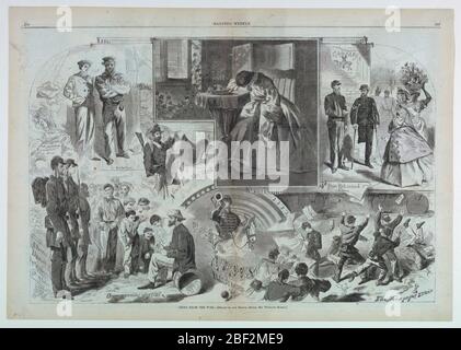 Notizie dalla guerra. Diffusione di due pagine di vignette che mostrano le persone che ricevono notizie sulla guerra civile. Al centro superiore, una donna piange con la testa in mano, mentre tiene una lettera. In basso a sinistra, autoritratto di Winslow Homer che abbozzano soldati, etichettati sotto: Il nostro artista speciale. Foto Stock