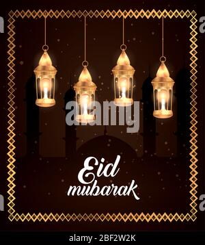 poster eid mubarak con lanterne appese e moschea silhouette Illustrazione Vettoriale