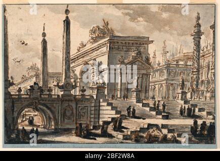 Edifici Fantasy architettonici Monumenti e scale. Rettangolo orizzontale. Le scale portano al livello delle strutture dal livello inferiore sul fronte. È attraversata a sinistra da un ponte. Diversi gruppi di persone sono ai diversi livelli e sulle scale. Linea di inquadratura. Foto Stock