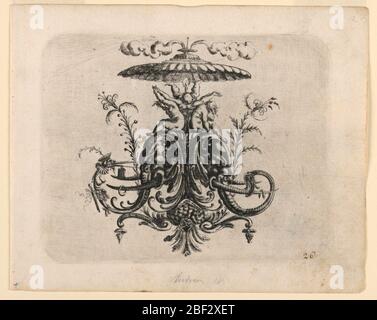 Piatto 26 dal nuovo Grotteken Buch nuovo libro grottesco. Cartouche ornamentali composte da teste di elefante appaiate, viste in profilo, alternativamente. I loro tronchi terminano in forme animali. Sopra, tre bambini sostengono un ombrello da cui le emissioni di fumo. Foto Stock