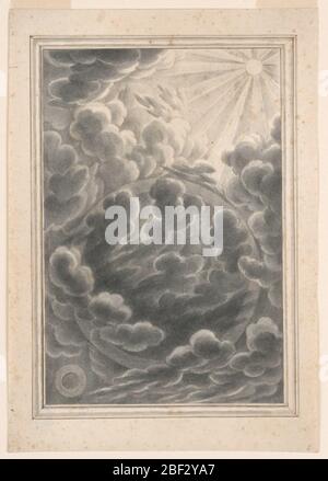 Studio per la creazione della lastra di luce 3 fisica Sacra. Scena che raffigura la creazione della luce, con un sole con raggi estesi che splendono dall'angolo in alto a destra. La luce del sole sta spezzando la moltitudine di nuvole grigie, che appaiono di fronte ad una grande struttura circolare, che forse rappresenta la terra. Foto Stock