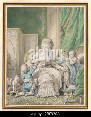 Madre e due figli in Boudoir. Donna che tiene un frutto siede su una sedia bassa. Un figlio che si inginocchiava sul pavimento a sinistra raggiunge per la frutta, mentre un bambino più giovane in una culla [?] a destra anche gesti per il frutto. Foto Stock