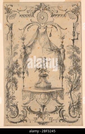 Design per pannello a parete sul tema di Diana. Una statua di Diana in inseguimento, accompagnata da un cane, appare su un piedistallo ghirlaido posto su una piattaforma da cui è sospeso un lambrequin scalato. Il drappeggio è sospeso dai voluti della fronte dell'occhio e catturato ai lati dalle figure dell'herm. Foto Stock