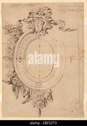 Design per una cornice ovale sul tema di Venere vittorioso. Cornice ovale che mostra in alto al centro un escheon con la testa di Venere e la sua cintura. Lambrequins appendere in basso, quello centrale mostra un paio di colombe sul globo sotto una stella. Un paio di torce. A sinistra si innalza un tosse di mirto. Foto Stock