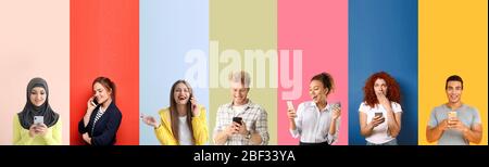 Collage di foto con persone emotive diverse utilizzando i telefoni cellulari Foto Stock