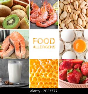 Collage di foto con diversi alimenti allergici Foto Stock