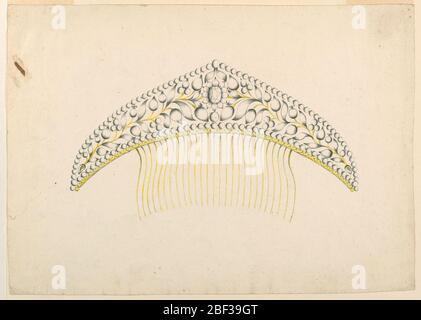 Design per un pettine. Gioielli per un pettine per capelli. La cresting ha la forma di un triangolo sferico, con una fila di diamanti tondi come cornice. Al centro, un diamante incorniciato come un fiore. Su ogni lato un rinceau di un ramo con foglie, melograni e altri frutti. Foto Stock