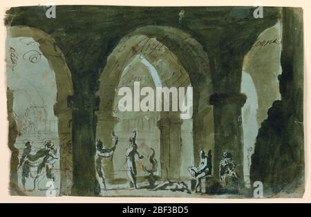 Scenico che le persone si precipitano nella cripta. Rettangolo orizzontale. Leggera indicazione delle volte nello spazio interno. Fuoco che brucia al centro, molte figure che si precipitano da sinistra con torce accese. Scheletro in primo piano a destra, che forse rappresenta la morte. Verso: Cranio e scheletro. Foto Stock