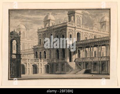 Palco Design Palace e portici dall'esterno. Rettangolo orizzontale. Diverse ali di palazzo collegate da portici visti ad angolo dal lato destro in primo piano a sinistra nel retro. Forme rinascimentali. Foto Stock