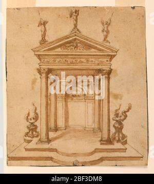 Progettazione di un'edicola decorativa. Rettangolo verticale. Disegno per un santuario che si erge su una base a due gradini, con tetto sostenuto da quattro colonne, quelle dietro collegate da una parete con una nicchia. In cima alla nicchia c'è la testa di un bambino alato al centro dei festoni drappeggi. Foto Stock