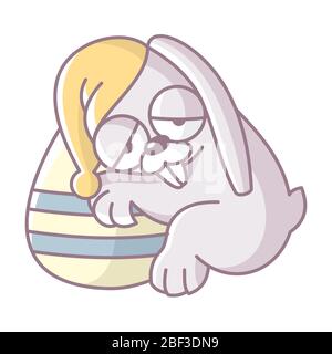 Cartone animato coniglio dormire su un uovo di pasqua. Disegno colorato di un coniglietto di pasqua sfondo bianco. Oggetto isolato Illustrazione Vettoriale