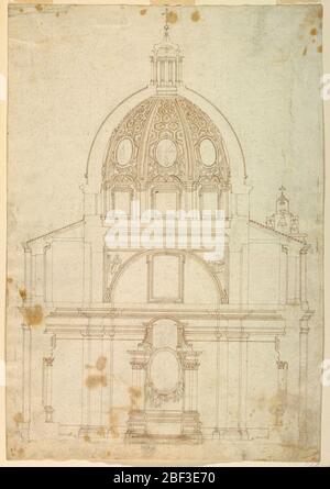 Sezione trasversale della chiesa di S. Tommaso da Villanova. Sezione di una chiesa con cupola, S. Tommaso da Villanova a Castelgandolfo. L'altare con la cornice di un dipinto ovale sorretto da angeli. Sopra l'entablatura la stella e le montagne, cariche dello stemma di Papa Alessandro VII Foto Stock