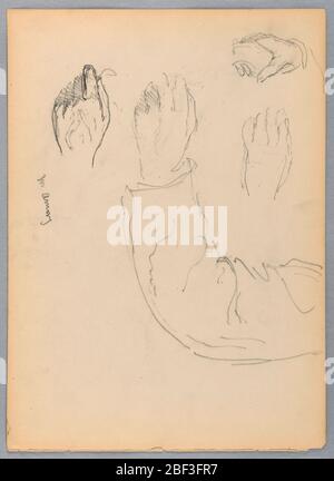 Schizzi di mani per il ritratto di William Amory. Quattro schizzi di mani. Braccio sinistro e mano di un uomo; mano delineata sopra, e ripetuta in dettaglio sotto. Mano destra su un braccio della sedia, in alto a sinistra. Verso: Braccio e mano destra di un uomo, con una matita, in alto a sinistra. Foto Stock