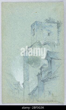 Contrafforti sulle mura della città Loches. Pietra o mattone contrafforte sporge da destra, Case sotto, destra e sinistra. Foto Stock